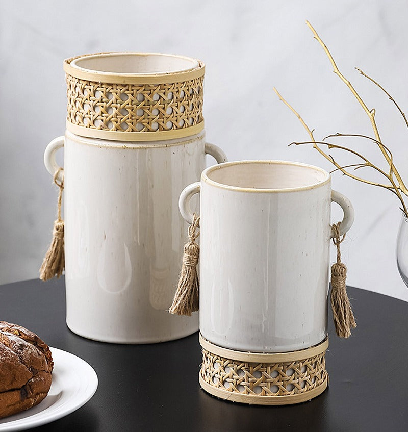 Rustic Ceraamic Vase for Coffee Table Decoration, Vase with Rattan, Bo