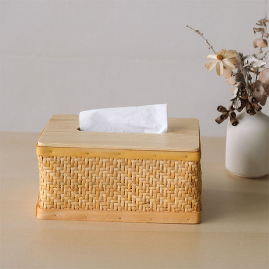 Rattan tissue box with wooden lid｜desktop organizers