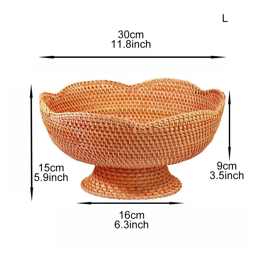 A woven pedestal bowl in a warm tan/caramel color, shown with measurement arrows and labels indicating width, height, and depth on a white background.