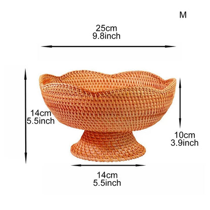 An orange woven pedestal bowl with dimension labels showing a width of 25cm (9.8 inches), a height of 14cm (5.