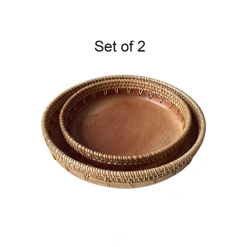 Natural wooden platter with handwoven wicker pattern