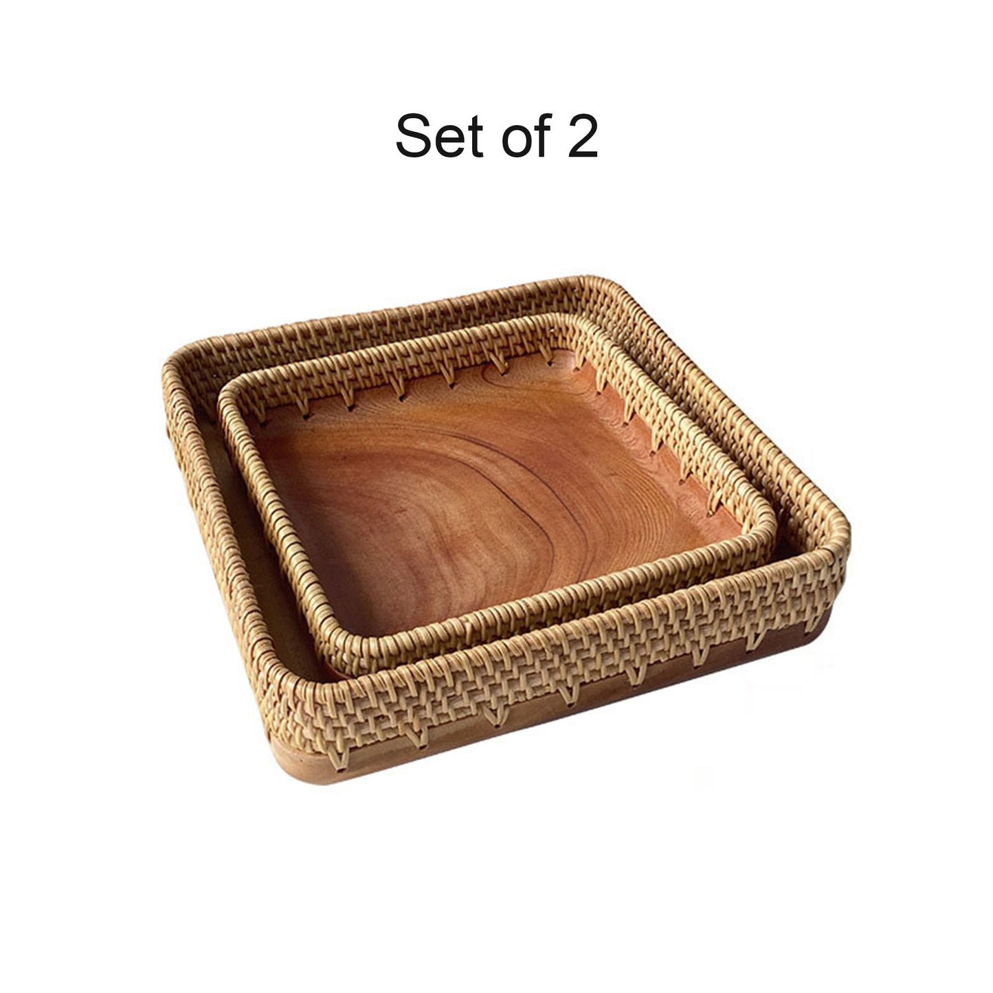 Natural wooden platter with handwoven wicker pattern