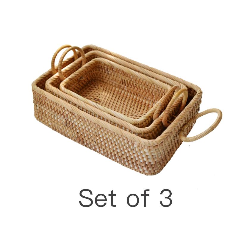 Rustic woven rattan basket with handle