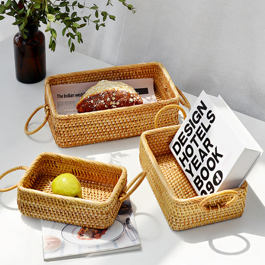 Rustic woven rattan basket with handle