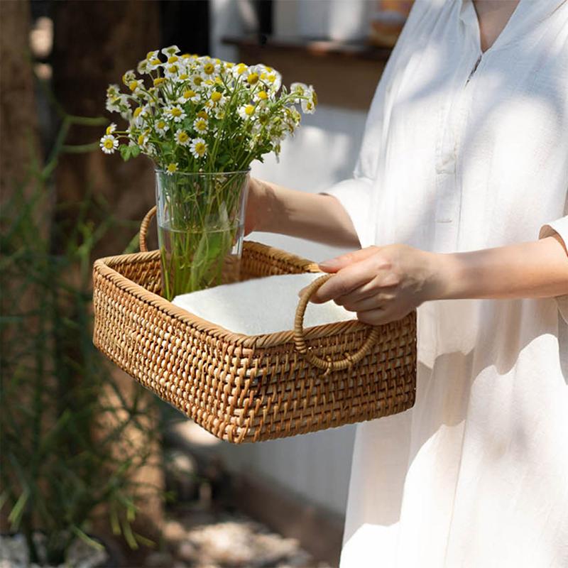 Rustic woven rattan basket with handle