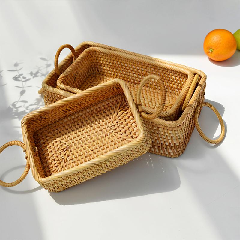 Rustic woven rattan basket with handle