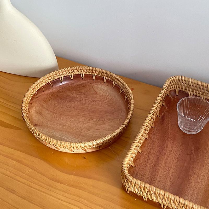 Natural wooden platter with handwoven wicker pattern