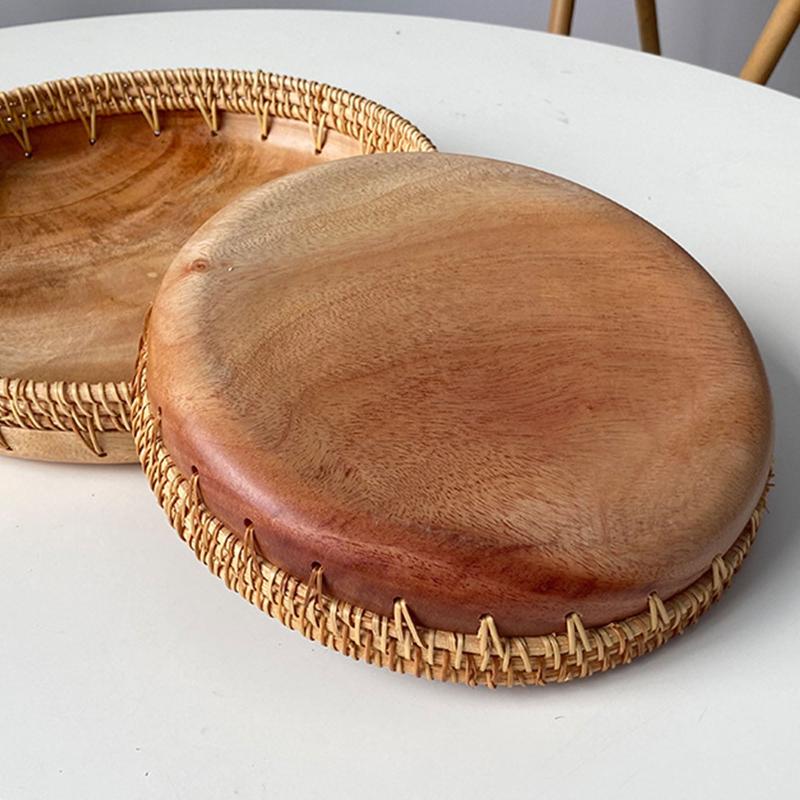 Natural wooden platter with handwoven wicker pattern