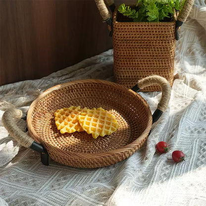 Woven basket with waffles on a textured surface