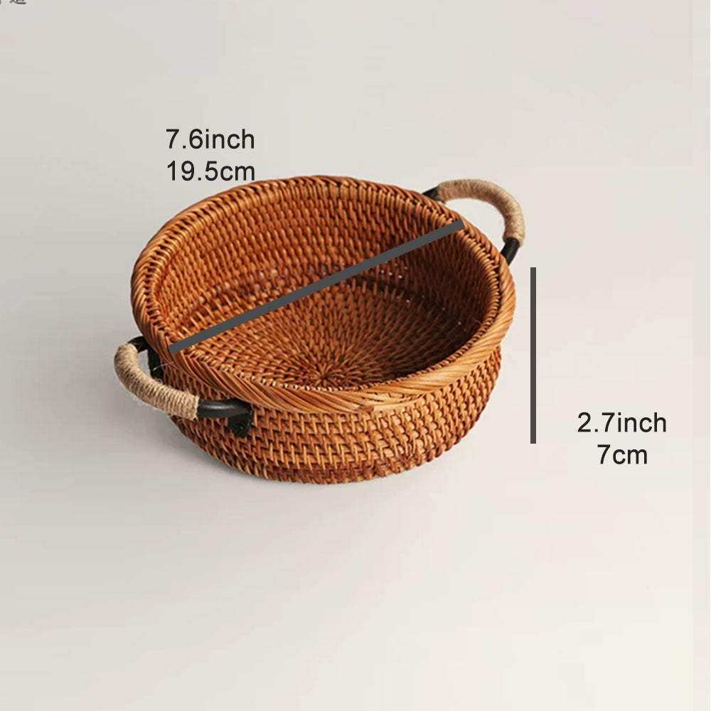 A woven oval basket with two rope-wrapped handles on a light gray background, with overlaid dimension labels showing 7.6 inch width, 2.