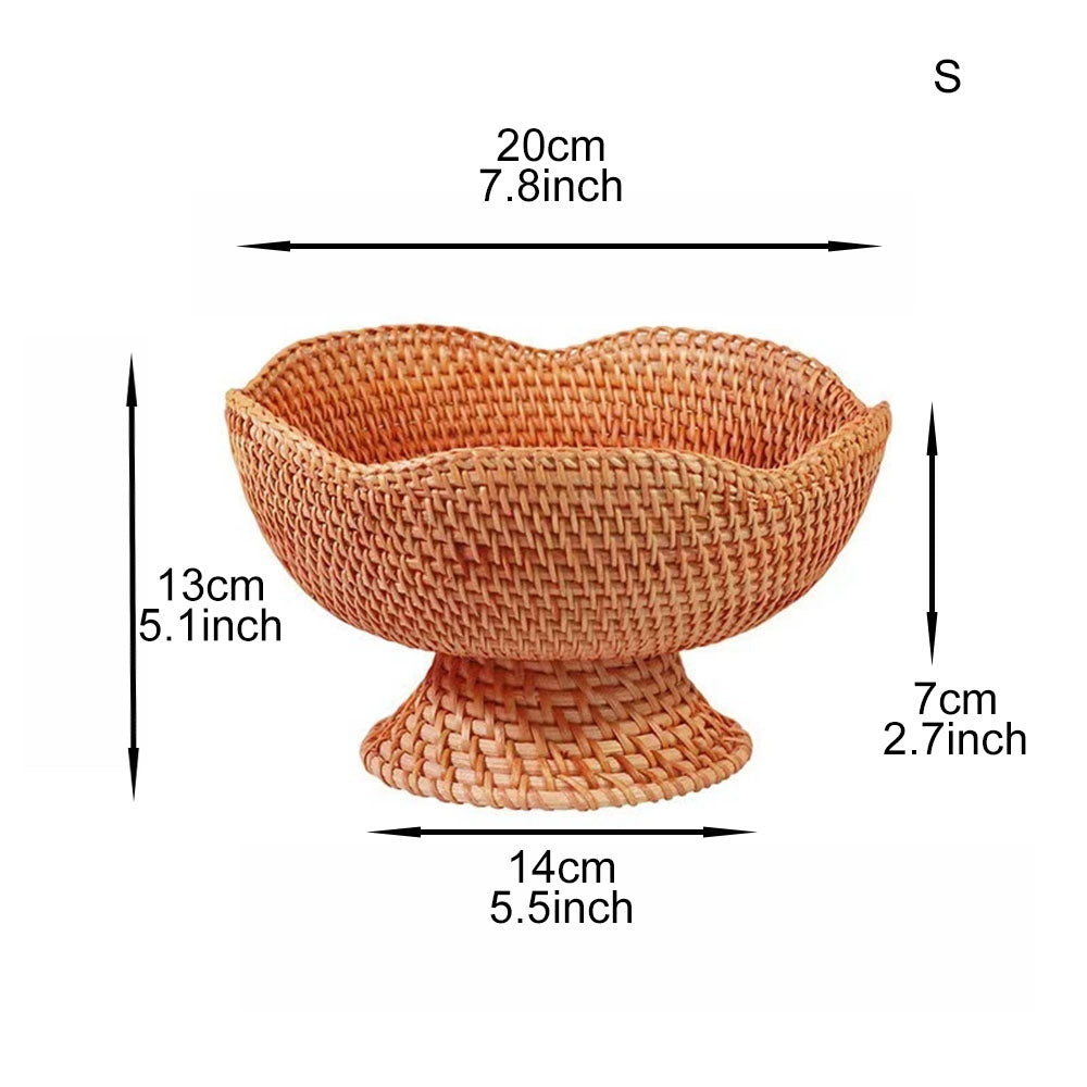 A woven pedestal bowl or basket shown with dimension arrows and labels indicating width, height, and base size on a white background.
