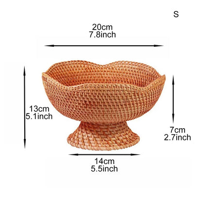 A woven pedestal bowl or basket shown with dimension arrows and labels indicating width, height, and base size on a white background.
