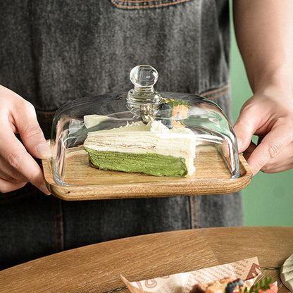 Square Glass Dome With Base, Wooden Cake Plate with Dome for Plants