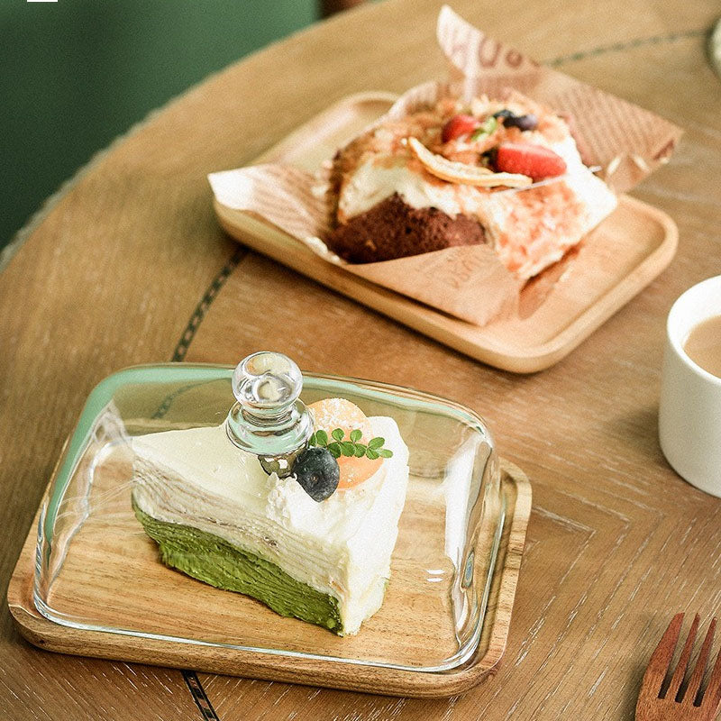 Square Glass Dome With Base, Wooden Cake Plate with Dome for Plants