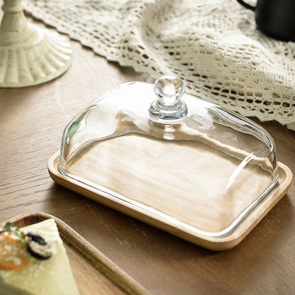 Square Glass Dome With Base, Wooden Cake Plate with Dome for Plants