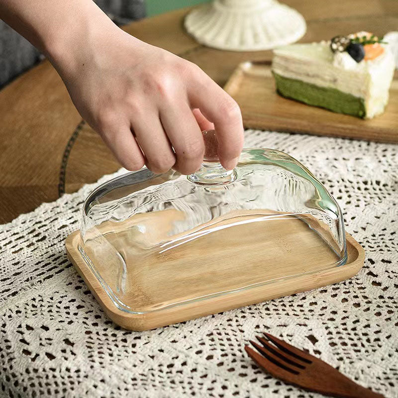 Square Glass Dome With Base, Wooden Cake Plate with Dome for Plants