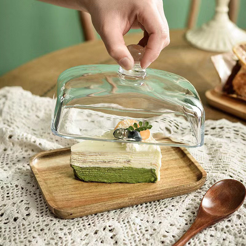 Square Glass Dome With Base, Wooden Cake Plate with Dome for Plants