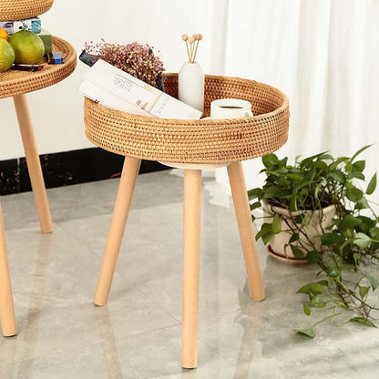 Rustic Woven Rattan Coffee Table with Wooden Legs