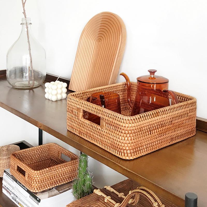 Wicker Woven Square Rattan Tray with Handle