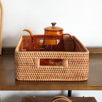 Wicker Woven Square Rattan Tray with Handle