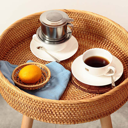 Removable Rustic Rattan Coffee Table with Wooden Legs