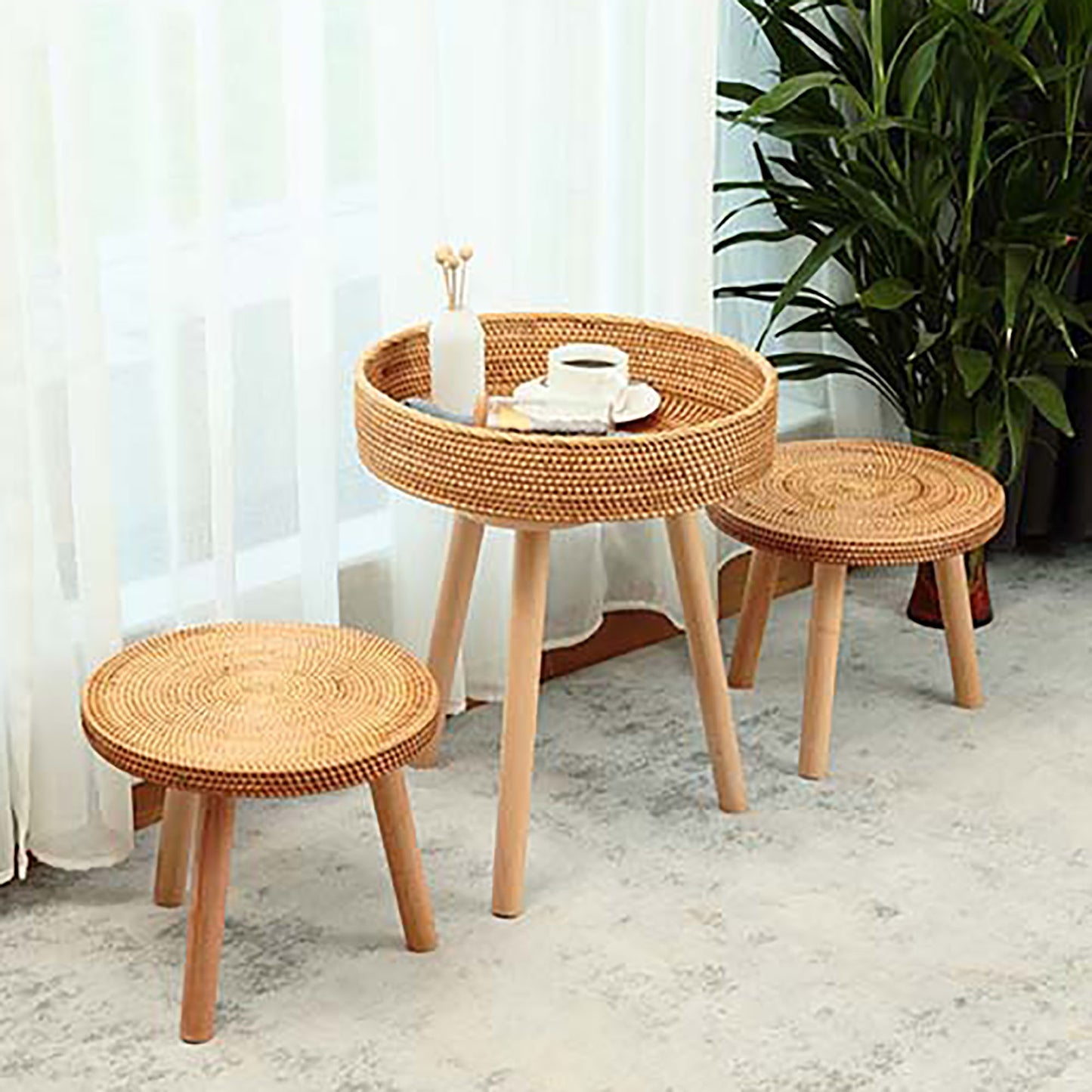 Removable Rustic Rattan Coffee Table with Wooden Legs