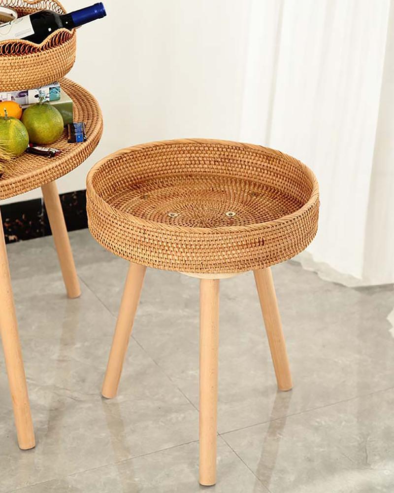 Rustic Woven Rattan Coffee Table with Wooden Legs