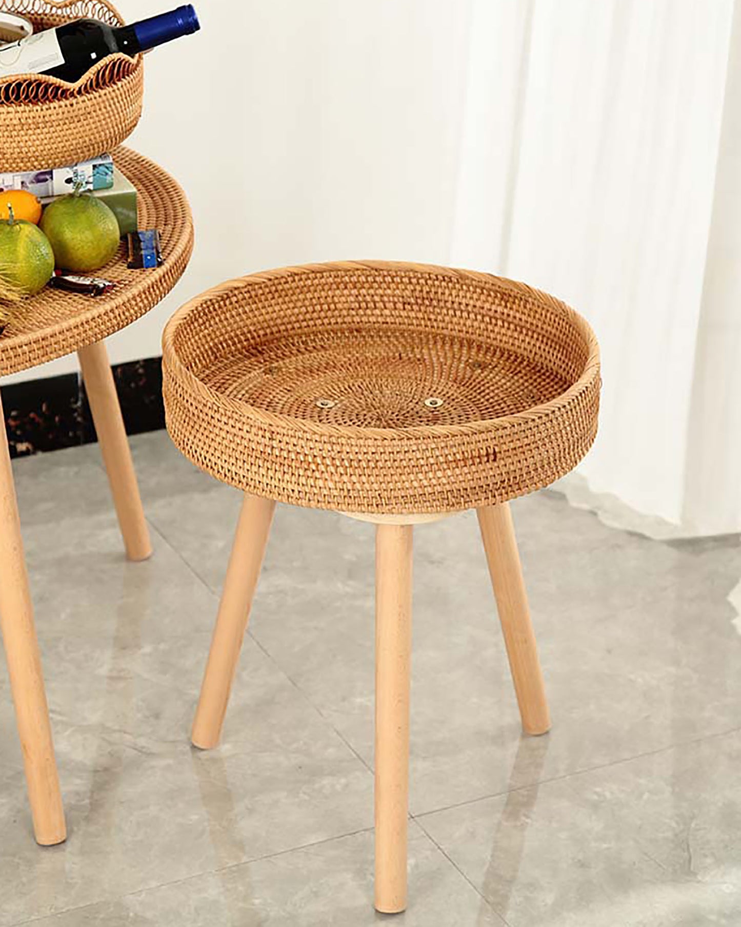 Removable Rustic Rattan Coffee Table with Wooden Legs