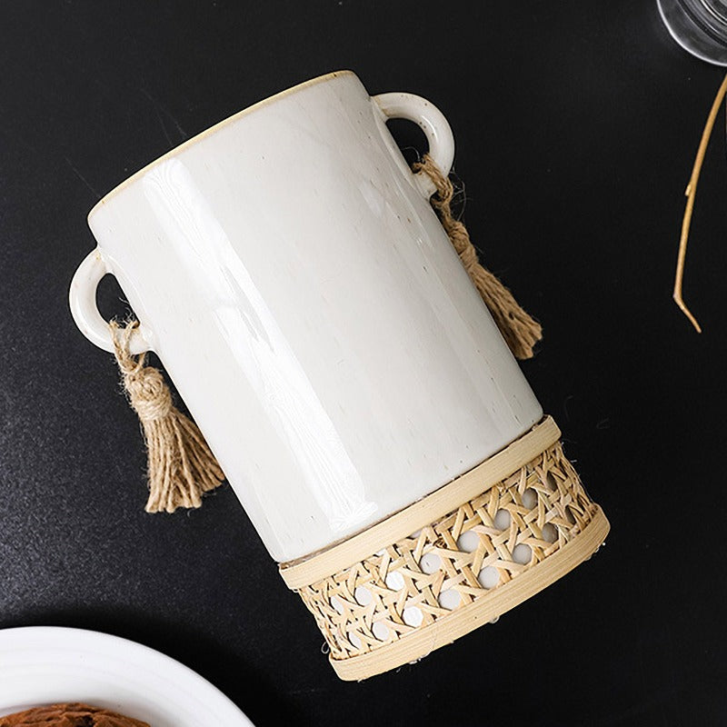 Rustic Ceraamic Vase for Coffee Table Decoration, Vase with Rattan, Bo